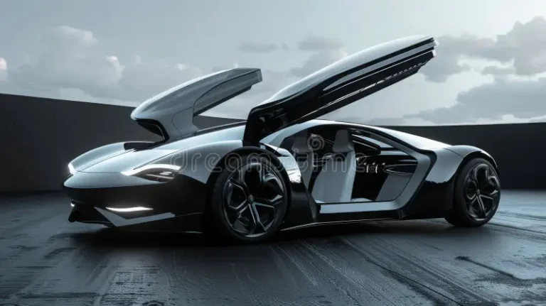 Black Sports Car Doors Open Black Sports Car Doors Open Parked Gray Concrete Surface Car Has Sleek Modern 324806902 2 768x431